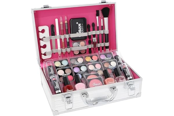 LOVE URBAN BEAUTY Essentials Trousse de maquillage végétalienne – Ensemble de maquillage végétalien de 64 pièces pour adolescents – Boîte argentée élégante – Design compact et léger