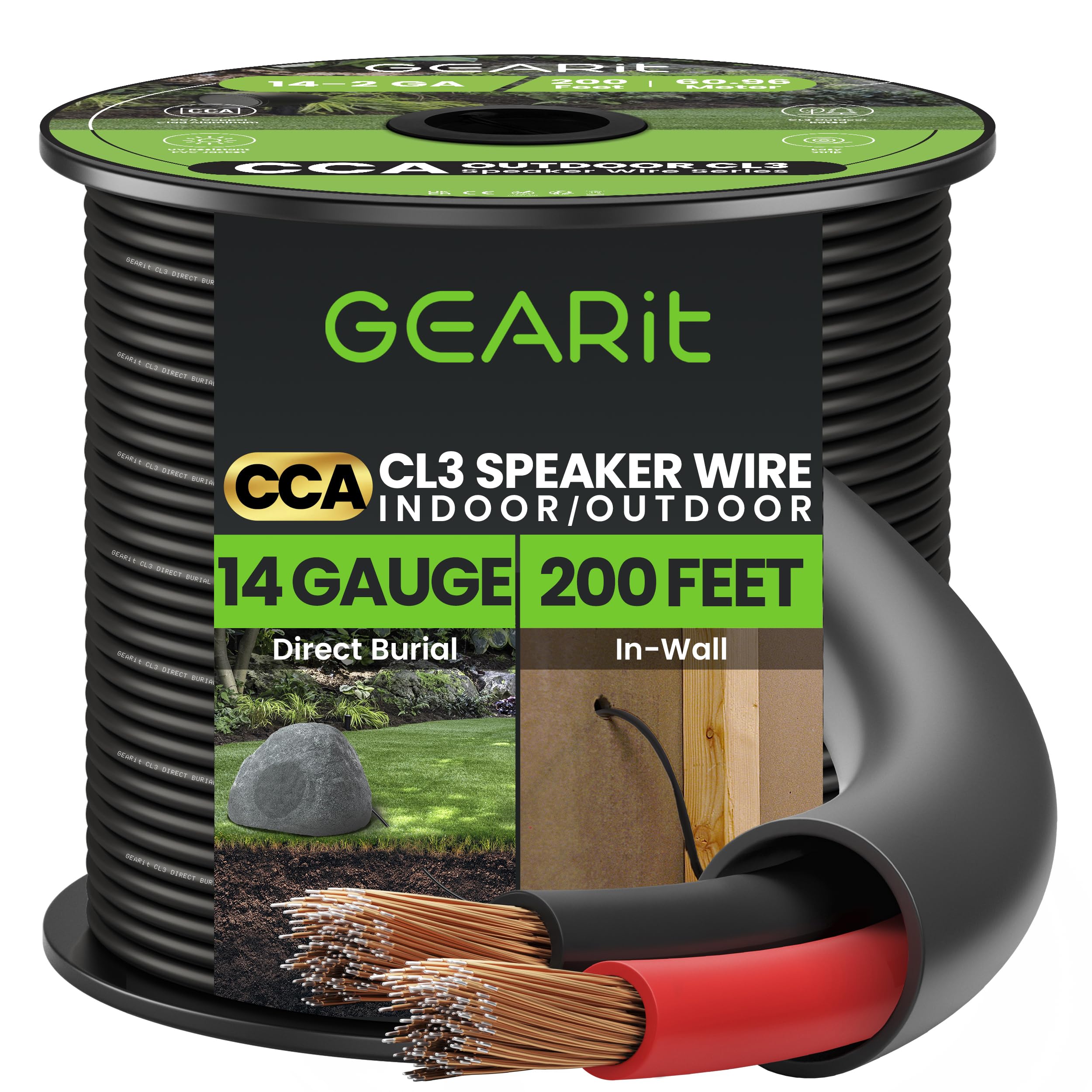 GearIT 14/2 Speaker Wire (200 Feet) 14 Gauge (Copper Clad Aluminum) - Outdoor Direct Burial in Ground/in Wall / CL3 CL2 Rated / 2 Conductors - CCA, Black 200ft