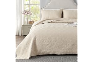 Qucover King Size Bedspread, 3-Piece Beige Polyester Breathable Geometric Pattern 3D Ultrasonic Quilting Technology Lightweight Summer Bedspreads with Pillow Shams, 240x260cm