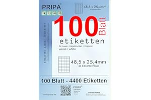 pripa - Amazon FBA Versand Etiketten 48,5 x 25,4 mm - 44 Stueck auf A4 100 Blatt DIN A4 selbstklebende Etiketten = 4400 Etiketten