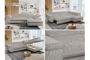 ‎MKS MEBLE MKS MEBLE Ecksofa Cord Sofa Grau, Wohnlandschaft L-Form mit Schlaffunktion und Bettkasten, Schlafsofa mit Bettkasten, Sofa mit Einstellbare Kopfstützen, Peter L - Hellgrau Cord - Rechts Grau