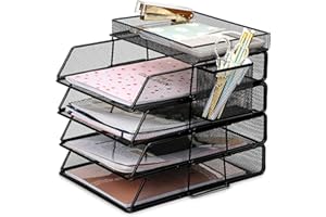 EXERZ Bandeja de Papel de 6 Piezas, Incluye 4 clasificadores apilables, 1 Bandeja Superior, 1 Cesta Lateral, Organizador de Escritorio de Malla de Alambre, Soporte de Archivos, Oficina, Escuela