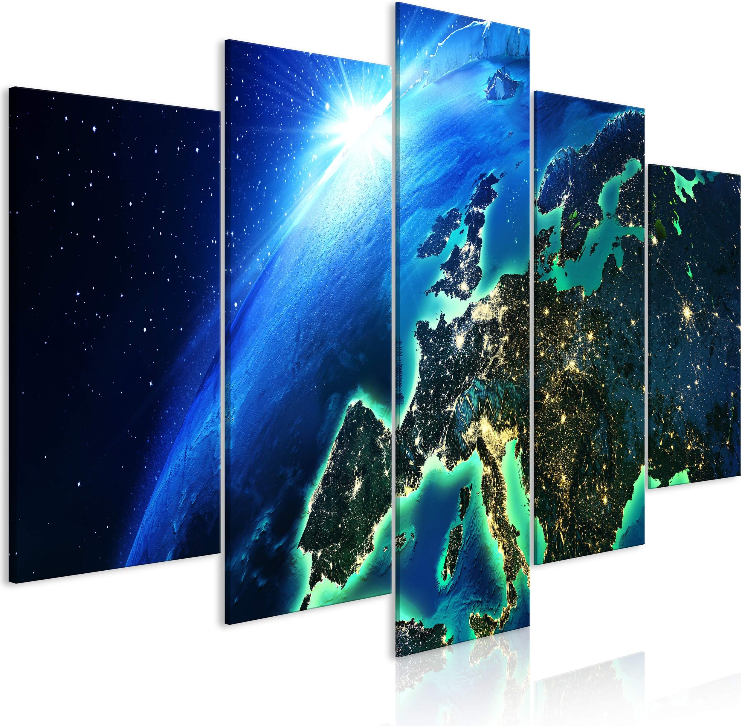 decomonkey | Canvas Print Earth Night Sky | 78.8" x 39.4" / 200x100 cm | Wall Art | Wall Picture | Non-Woven Canvas | Photo 5 pieces | Universe Space Modern Decoration Print Decor | Living Room | Blue