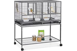 Yaheetech Cage d'elevage pour Oiseaux avec Deux Espaces Divisés Cage pour Petit Oiseaux Exotiques Canaris Madarin Perruche avec Mangeoires Perchoirs 2 Portes Support Roulant 95 x 45 x 105 cm