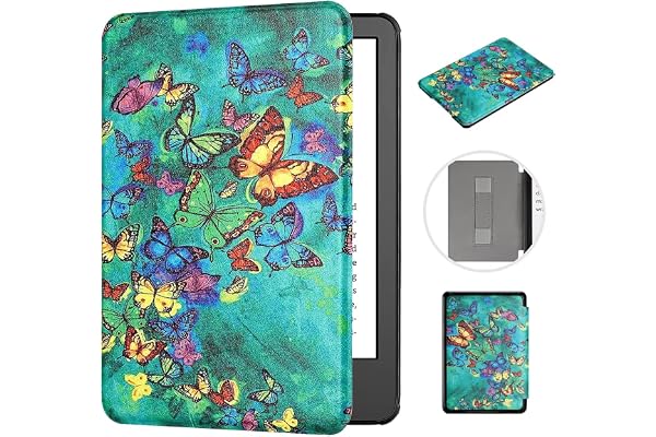 MOKASE Étui Compatible avec Nouvel 6 Pouces Kindle 11ème Génération 2022 2024 (Modèle: C2V2L3 RS23CV), Couverture Magnétique en Cuir PU avec Automatique Réveil/Sommeil & Dragonne, Green Butterflies
