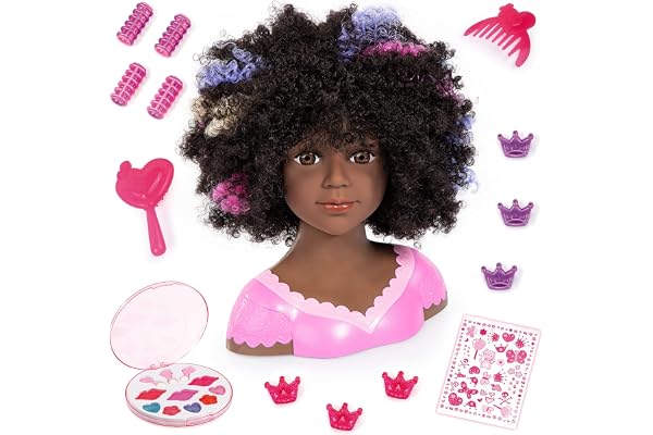 Bayer Design 90088AZ Tête à Coiffer et Maquiller, Charlene Super Model avec Accessoires et Maquillage, Cheveux Bruns bouclés avec des mèches, 27cm