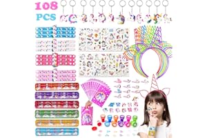 YOCOLE 108 pezzi unicorno, regalo per bambini, regalo di compleanno per bambini, unicorno, cerchietto per bambini, tatuaggi a scatto, portachiavi, sacchetti regalo, fermagli per capelli per ragazze