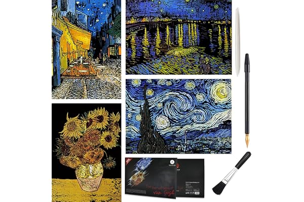 Artsper Lot de 4 feuilles de peinture arc-en-ciel à gratter Vincent Van Gogh pour enfants et adultes, café terrasse la nuit, tournesols, nuit étoilée sur le Rhône