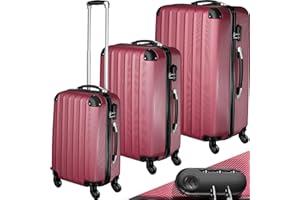 tectake 3 TLG Reisekoffer Set, Hartschalenkoffer Set, Trolley Kofferset, ABS Hartschalen Reisekofferset, Reisetasche, Trolley, Gepäck, Koffer Set, 4 Rollen, 360 Grad drehbar, Teleskopgriff - rot