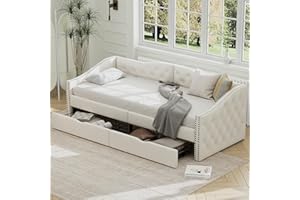 Moimhear Sofá cama, 90 x 200 cm, cama individual con cajones, gran espacio de almacenamiento (beige)