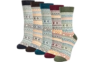 Justay 5 par skarpet z wełny merynosów, damskie, pogrubione, termiczne, dziewiarskie, damskie skarpety do wędrówek, wędrówek z plecakiem, wspinaczki, na zimę (zielony, różowy, czerwony)