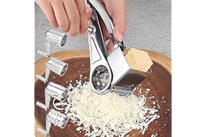 SUQ 4 in 1 Râpe à fromage, Râpe à Fromage Rotative Inoxydable avec 4 Tambours de Coupe Différents avec Poignée pour Cuisine, Râpe à Fromage Manuelle Râpe Rotative à Main