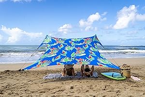 Neso Portable Beach Tent, Blue, 7' x 7', Aluminum Nylon, UPF 50+ UV Protection, Water Resistant, Tropical Style