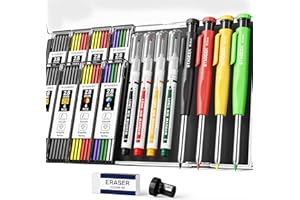 STAGEEK 4PCS Carpenter Pencils with Sharpener, Heavy Duty Woodworking Pencils, Mechanical Carpenter Pencil with 52 Refills, Deep Hole Long Nib Marker Pens for Architect Construction Marking with Case