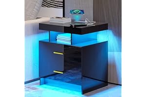 ‎FIGBIRD Figbird LED Nachttisch mit kabelloser Ladestation, Hochglanz Nachtschrank mit 1 USB & Type-C Anschluss, 3-Farben LED Nachttisch mit Menschliche Körperinduktion für Schlafzimmer