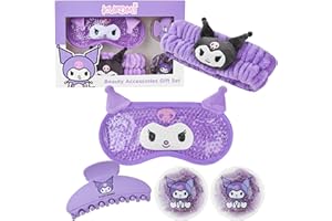 Hello Kitty Sanrio Kuromi Set Accessoires Beauté, Masque Yeux Rafraîchissant, Bandeau Duveteux, Pince Cheveux, Patches Gel Kawaii, Cadeau Femme Ado (Violet Kuromi)
