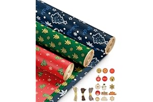 Kraft & Co – Christmas Wrapping Paper Rolls 3 Pack 69 cm x 8 m – Recycled and Eco Friendly Gift Wrap with 15 Tags and 3 Color Twine – Christmas Wrap Tear Resistant – Sustainable Packaging – 24 m Total