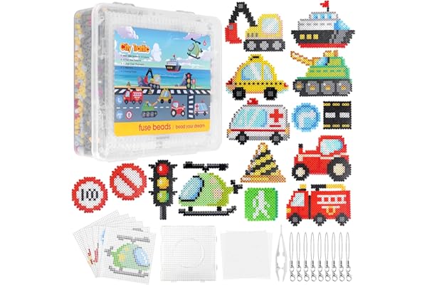 Homgaty 5000 Perles à Repasser, Kit Perle a Repasser 5mm avec 18 Motifs de Transport, Plaques Brucelles, Pendentifs et Papier à Repasser, Bricolage Loisirs Créatif pour Cadeaux Enfants