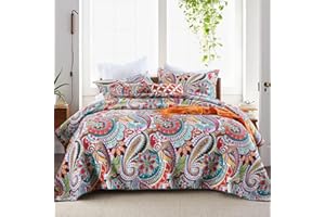 Qucover Colcha Acolchada de algodón Suave con Estampado de Cachemira, diseño Floral, Color Naranja, tamaño King, magnífico Patchwork con 2 Fundas de Almohada para Todas Las Estaciones, 250 x 270 cm