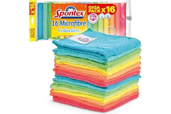 Spontex Chiffons de nettoyage microfibre | 16 chiffons de nettoyage collection microfibre | Chiffons à poussière et de cuisine | 30 x 30 cm | Couleurs assorties | 16 unités