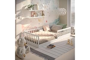 CADANI Timi 2en1 Lit au Sol 90x200 cm Lit Enfant Montessori avec Barrière de Sécurité et Sommier à Lattes, Bois Massif Pin, Blanc, 3 Variantes de Construction, Transformable