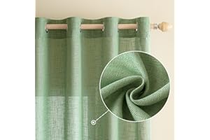 ‎EMEMA EMEMA Gardinen Vorhänge Leinenvorhang mit Ösen Voile Vorhang Leinenoptik Modern Halbtransparent für Wohnzimmer Dekoschal Kinderzimmer Schlaufenschal Küchengardinen 2er Set 140x145cm (BxH) Grün