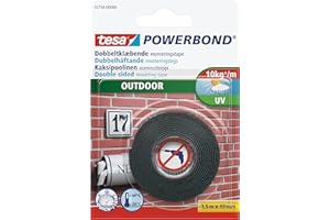 TESA UK tesa Powerbond Outdoor, dwustronna taśma montażowa do użytku na zewnątrz, odporna na promieniowanie UV, wodę i temperaturę, nośność do 1 kg na taśmę 10 cm, 1,5 m x 19 mm