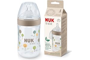 NUK for Nature Butelka dla niemowląt | Średni smoczek | 260 ml | Trwały silikonowy smoczek z antykolkową wentylacją, kontrola temperatury, bez BPA, beżowy