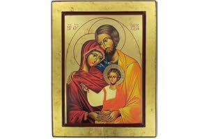Ferrari & Arrighetti Icône Sainte Famille, Icône de style Art byzantin, Icône sur bois finie avec auréoles, inscriptions et bordures faites à la main, production grecque - 32 x 25 cm