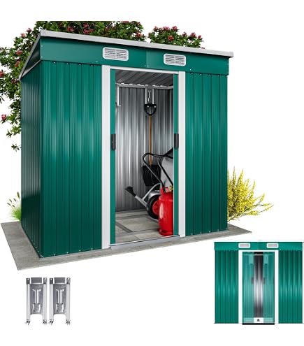 Abri De Jardin Métal 4 M³ KESSER - 210x132x186 Cm - 2 Portes Coulissantes - Toit En Pente