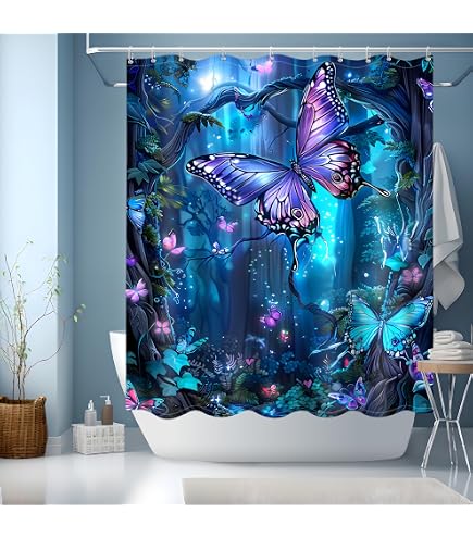 ZCHOMI Blue Butterfly Shower Curtain - Waterproof Polyester 72x72 Inches With 12 Hooks, Floral Bathroom Decor
