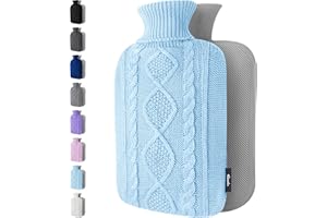QOMFOR Botella de agua caliente con cubierta – Funda de punto suave – Gran capacidad de 1,8 l – Bolsa de agua caliente para aliviar el dolor, cuello y hombros (Azul)