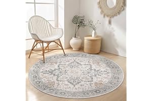 GENIMO Round Rug 120cm for Living Room, Bedroom, Vintage Circle Small Area Rug Machine Washable, Non-Slip Carpet Dining Room, Low Pile, Non-Shedding, Traditional Oriental Printed Design, Taupe Beige