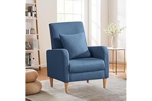 COLAMY Modern Upholstered Accent Chair Small Armchair with Pillow, Fabric Reading Living Room Side Chair for Bedroom,Single Sofa with Lounge Seat and Wood Legs, Blue