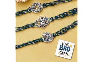eCraftIndia Set of 3 Lord Ganesha, Peacock, Om with Mace Rakhis, Best Bro Ever Fridge Magnet with Roli Chawal Pack - Rakhis f