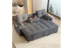 Wyibwy Divano angolare a L con funzione letto,Divano a 3 posti con letto estraibile e portabicchieri pieghevole,divano trasformabile con vano contenitore,tessuto di lino,per soggiorno,Grigio