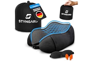 ‎STYNGARD STYNGARD Nackenkissen Reise aus Memory Foam - Nackenkissen Auto mit Schlafmaske und Ohrstöpsel für erholsames Reisen - Nackenkissen Flugzeug Modell Malmö (schwarz, Knopfverschluss)