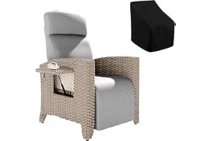 Fiutazge Tumbonas Jardin de Ratán con Respaldo Regulable,Sillon Relax Reclinable,Chaise Longue con Funda Sillas Jardin, para Terraza y Patio,Marrón Ratán y Cojín Gris,Mesa Pequeña-Lado Derecho
