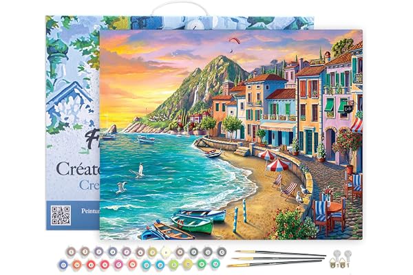 Figured'Art Peinture par Numéro Adulte avec Cadre Vacances à la plage - Activité Manuelle Kit de Loisir Créatif DIY Numéro d'Art Complet - 40x50cm toile tendue sur châssis