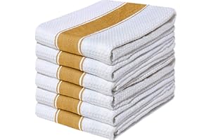 Quick Cleaning Supplies |Pack of 6 Large Honey Comb Weave Tea Towel Set|100% Combed Ring Spun Cotton| Kitchen Dish Cloth| Super Absorbent| Stripe Design Premium Construction|70cm X 45 cm| (Yellow)