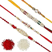 DishanKart Pack of 4 Rakhi for Brother, Men with Roli Chawal Greeting Card - AD Ring With Wooden Beads & Red Green Beads