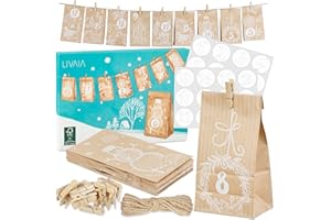 LIVAIA Calendrier de l'avent diy à remplir 2024 - Sacs en papier pour cadeaux, adhésifs numérotés, ficelle de jute et pinces en bois - Calendrier de l'avent personnalisé pour noël - Coloré 24 motifs