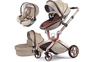 Hot Mom Poussette combinée classique ensemble 3 en 1/2 en 1, cadre en aluminium/pneus en caoutchouc complet modèle F22, style 2024 (avec siège auto en treillis)