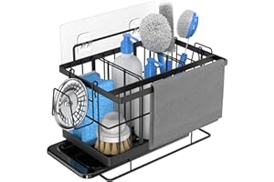 Damita - Soporte estropajo fregadero cocina, soporte esponja acero inoxidable fregadero de cocina, organizador de fregadero, con bandeja de drenaje para almacenamiento encimera baño, Negro