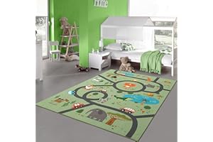 ‎TEPPICH-TRAUM Teppich-Traum Teppich Kinderzimmer Kinderteppich rutschfest Spielteppich Safari Straße Autos Tiere grün 100 x 200 cm