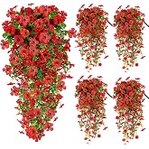 4 Pieces Artificial Flowers Outdoor Artificial Hanging Plants Red | 77cm UV Resistant Artificial Silk Flowers, Maintenance Fr