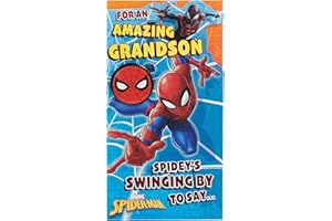 UK Greetings Marvel Spiderman kartka urodzinowa dla wnuka z kopertą i odznaką, wielokolorowa, 121 mm x 229 mm