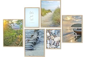 murimage® set de 6 posters de qualité supérieure - sans cadre photo | 6 images (4 x DINA4 et 2 x DINA5) | décoration maison Mer Forêt Coucher de soleil Dunes Bateau Île Plage | »Let´s get Lost«