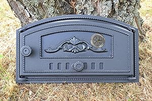 SEZAM Backofentür aus Gusseisen mit Thermometer 500 °C, nach rechts öffnend, Pizzaofentür - Brotofen - Steinofentür, 48,5 x 6,5 x 27,5 cm - halbrund, schwarze Bemalung