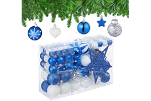 ‎RELAXDAYS Relaxdays Weihnachtskugeln 101er Set, Kunststoff, Weihnachtsbaumdeko mit Kugeln & Spitze, Christbaumschmuck, blau/weiß